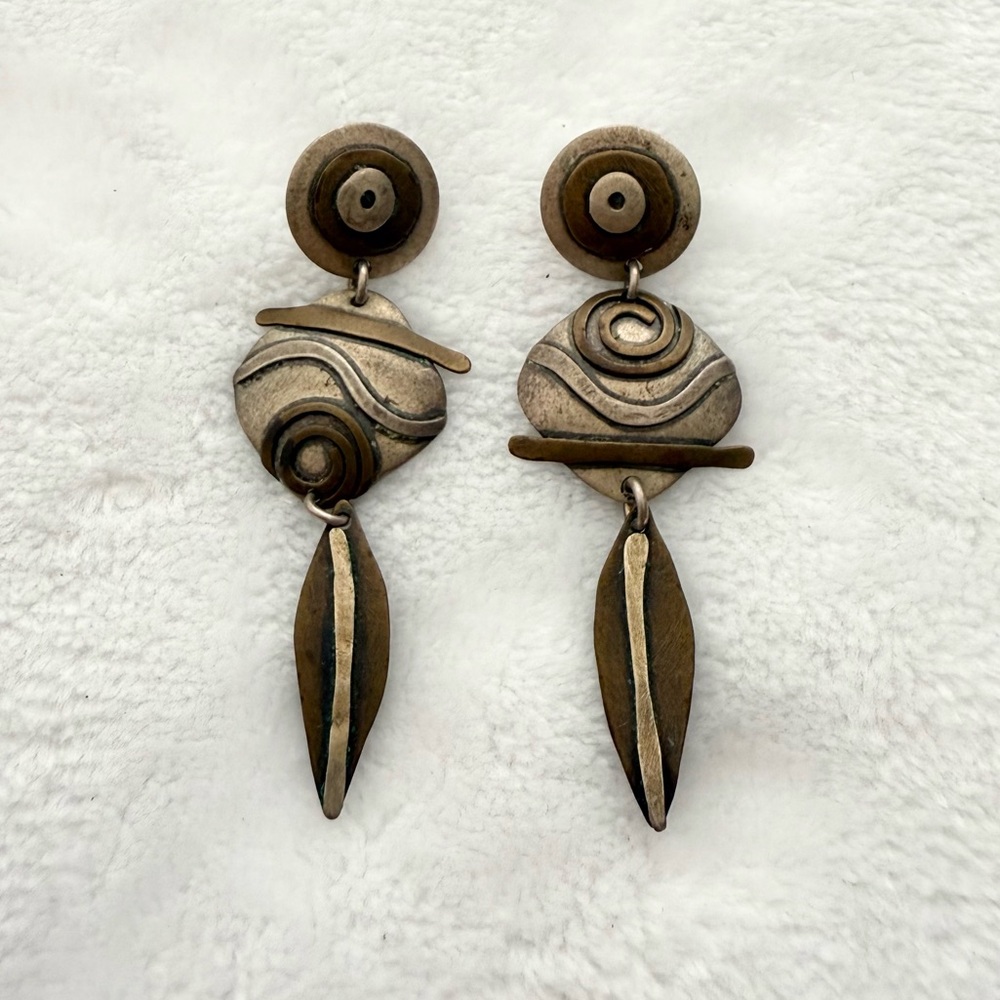 Signed LL Sterling Silver 925 Modernist Dangle Earrings Artisan Studio Jewelry